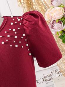 SHEIN 女童缎面串珠肩衬衫搭配提花玫瑰图案手工褶皱长裙套装