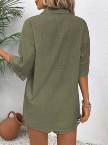 LanaWest 2st Kvinnor Solid Shirt & Shorts Set, Minimalistisk Casual Style Dagligt slitage - Armé Grön - Visa 2