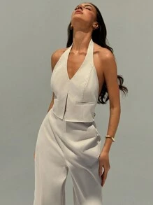 SHEIN Privé 大码春夏休闲优雅通勤办公室女士服装 - 深 V 领露背背心和阔腿裤套装，修身显高 - 杏色 - 查看 7