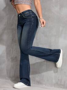 SHEIN PETITE Women's Front Button Pocket Simple Casual Denim Pants, Flared Jeans For Everyday Wear Y2k - Dark Wash - View 5