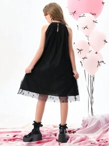 SHEIN Explorewe Tween Girls Butterfly Pattern Bow Lace A-Line Dress - Black - View 2