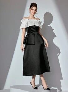 Poshira 女款優雅正式露肩黑白對比A字裙派對晚宴禮服 時尚收腰婚禮冬季名媛舞會長裙 - 黑與白 - 查看 7