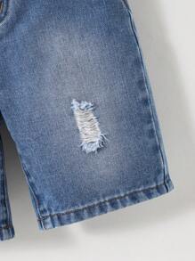 Set de 2 pantalones cortos de mezclilla casual con estilo urbano y callejero para niños pequeños, con cintura elástica y efecto desgastado