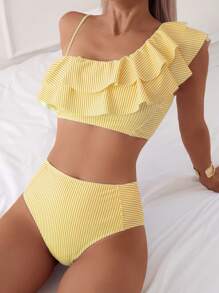 SHEIN Swim Women's Stripe Ruffled Trim Bikini Set For Summer Beach Vacation Holiday