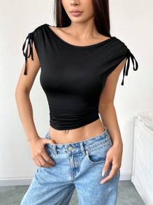 SHEIN Unity Women Solid Color Lace-Up Close-Fitting Minimalist Casual Top, Everyday Wear, Black, For Going Out - Black - View 1