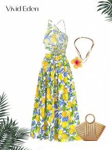 Vivid Eden Woven Printed Open Back Dress For Women,Women Summer Clothing,Vacation Style,For Beach Vacation - Yellow - View 2