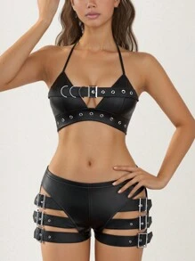 SHEIN ICON Áo ba lỗ hở lưng bằng da PU Grommet trang trí Y2k hở lưng kiểu Goth dành cho nữ, thời trang tối giản, mặc thường ngày - màu đen - Xem 7