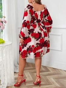 Flirla 大码 V 领红玫瑰花卉印花优雅 A 字中长连衣裙，适合度假 - 彩色 - 查看 2