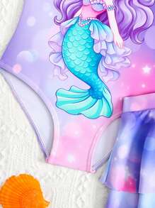 Young Girl Cute Mermaid Print Ruffled One-Piece Swimsuit With Ruffled Beach Skirt Summer Holiday