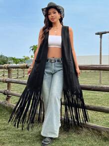 Calvaya Plus Size Casual Fringed Long Cardigan - Black - View 4