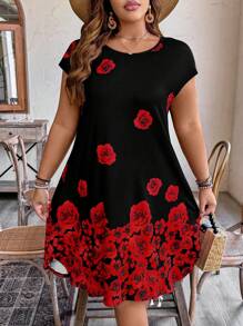 SHEIN LUNE Plus Size Women's Rose Floral Print Knit Round Neck Short Sleeve Loose Casual Fashion Mini Dress - Black - View 5