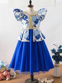 SHEIN Tween Girls Elegant Floral Jacquard Splice Mesh Ruffle Hem Dress - Blue - View 10