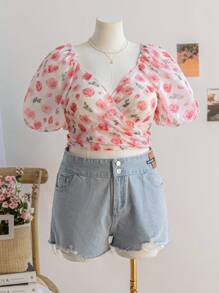 Soleia 女式大码波西米亚风粉色雪纺花卉环绕泡泡袖后蝴蝶结衬衫，春夏 - 彩色 - 查看 1