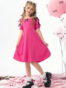 SHEIN Explorewe Girls Fuchsia Bow Decor Dress