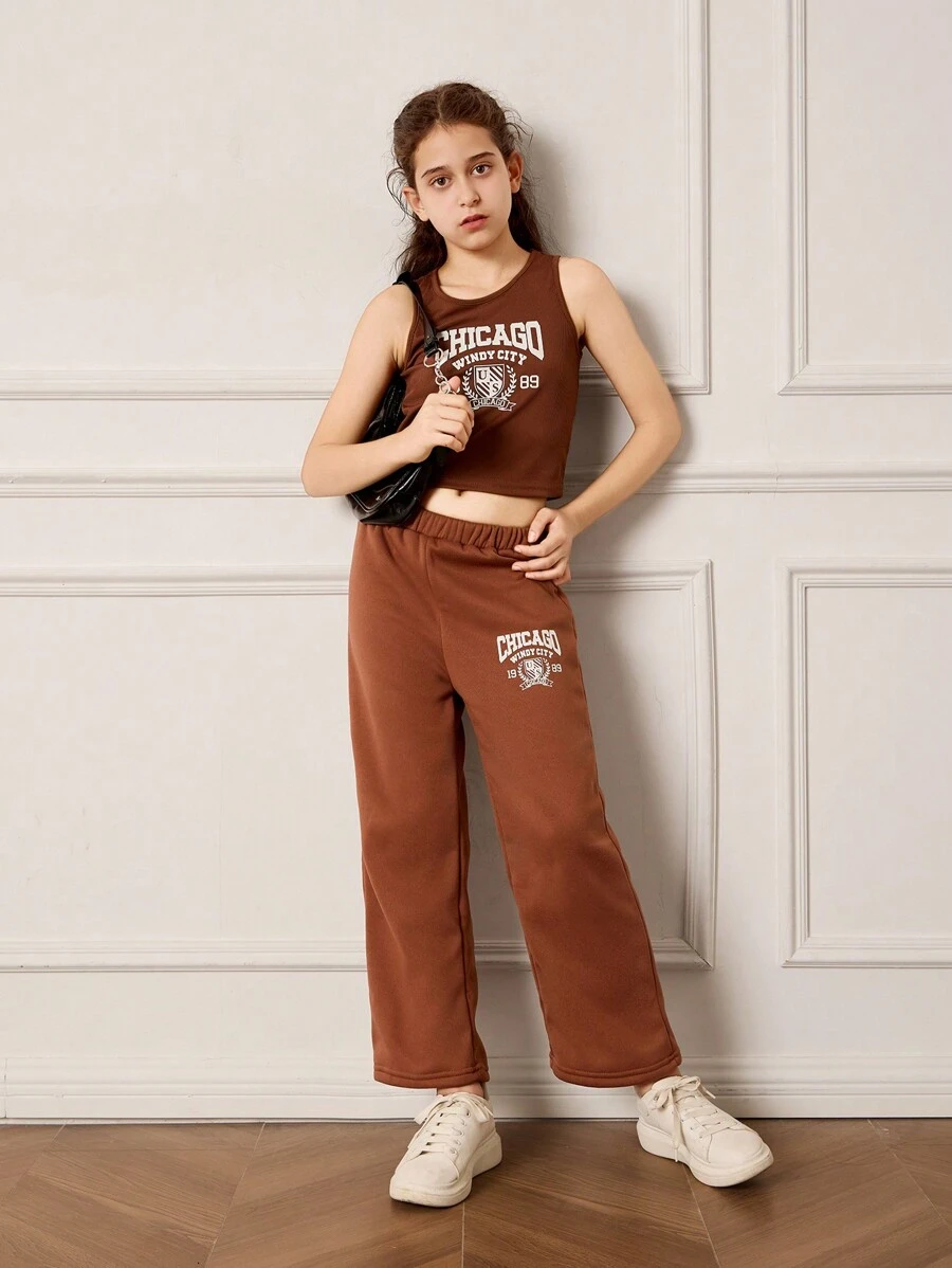 SHEIN 2 件套 青少年女孩运动休闲舒适设计图案印花吊带背心和紧身裤 - 棕色 - 查看 1