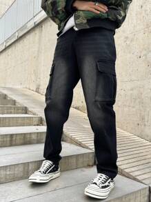 Manfinity Hypemode Men's Casual Washed Tapered Cargo Jeans - Black - View 6