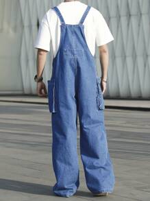 Manfinity Hypemode Pantalones de peto vaqueros casuales de pierna ancha y bolsillo para hombre, corte holgado
