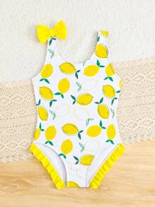 Young Girls Lemon Print One-Piece Swimsuit,Ruffle Trim Soft Knitted Swimwear With Bow Accent For Summer Beach Holiday And Family Vacation - Yellow - View 5