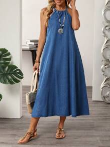 Damen Lässiges Cowl-Neck Jeans-Urlaubskleid - Blau - Übersicht 3