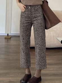 DAZY 牛仔紧身牛仔裤，豹纹常规版型直筒裤，四季皆宜 - 卡其色 - 查看 1