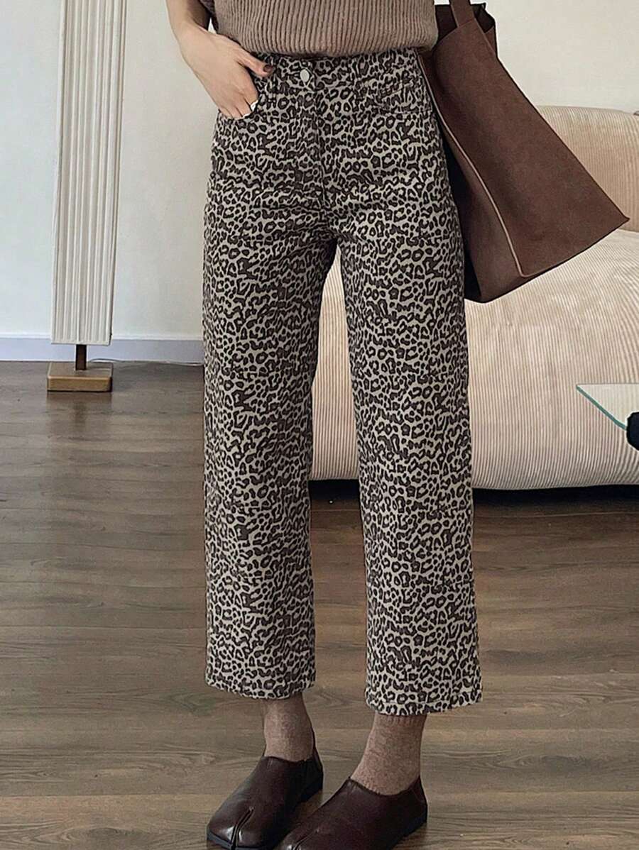 DAZY 牛仔紧身牛仔裤，豹纹常规版型直筒裤，四季皆宜 - 卡其色 - 查看 1