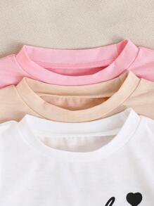 SHEIN Vintaside Kids 3Pcs/Set Baby Girl Comfy Soft Loose Casual Versatile Short Sleeve Tees Tops, Heart & "Love" Letter Print In Pink, White, Apricot, Suitable For Spring & Summer