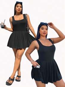 SHEIN EZwear 黑色加大码褶边连体裤