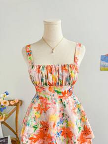 Soleia 女士浪漫粉色油画扎染印花连衣裙，宽肩带，褶皱胸围，多层荷叶边裙，休闲长裙，适合下午茶、婚礼季节、情人节、派对、约会