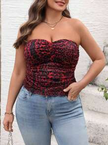 SHEIN VCAY 大码度假红色豹纹性感露肩上衣。情人节、休闲野餐派对。 - 酒紅色 - 查看 6