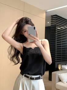 DAZY 女士雪纺蕾丝吊带背心，简约风格套装内衬，宽松夏季外套 - 黑色 - 查看 4