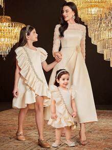 SHEIN Babygirl Elegant Flounced Hem Fancy Dress, Suitable For Summer - Champagne - View 1