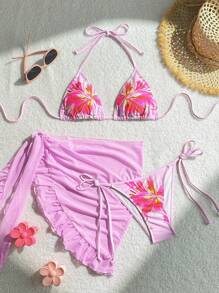 Swim SXY Women 3pcs Beach Vacation Outfit - Halter Print Crop Top, Ruffle Hem Cover Up Skirt, Cute Pink Swimwear Summer Set - Pink - View 5