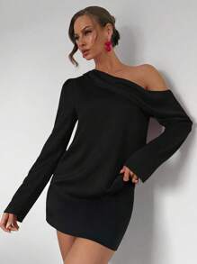 Roylia Solid Color Asymmetrical Collar Satin Office Formal Long Sleeve Shirt For New Year Clothes One Shoulder Top - Black - View 4