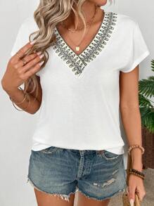 SHEIN LUNE Women's Casual Summer Holiday Collar Ribbon T-Shirt - White - View 4