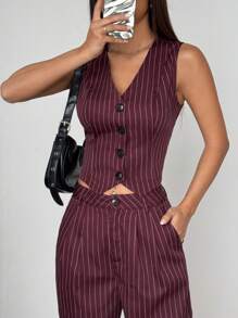 Flirla Bộ vest và quần sọc không tay cổ chữ V, bộ đồ đơn giản, phong cách giản dị, thường ngày - Màu Đỏ Sâu - Xem 4