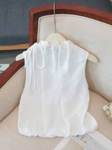 Franclia Elegant Sleeveless Elastic Waist Wide Collar Drawstring Textured Woven White Shirt For Women, Spring/Summer