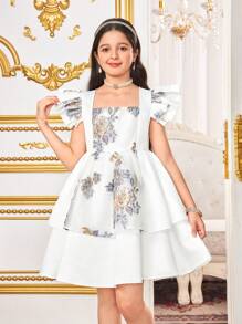 SHEIN Vestido de fiesta para niña preadolescente con jacquard floral, malla, diseño de peplum y volantes en capas, hilos metálicos, elegante, informal para vacaciones, fiesta blanca, vestido de princesa, para fiesta de cumpleaños, festival, Día de San Valentín