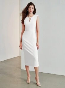 MOTF STUDIO KEYHOLE NECK SPLIT HEM DRESS - White - View 5