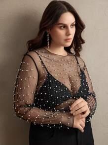 Anewsta Transparent Mesh Women's Plus Size Long Sleeved Summer Rhinestone Faux Pearl Top Spring For Women - Black - View 4