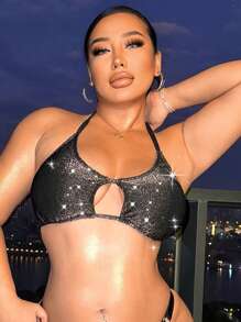 Swim SXY Top de traje de baño con empate y material brillante con lentejuelas para tallas grandes para el verano y la playa