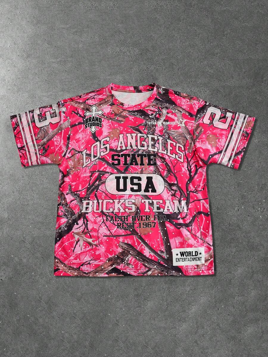 Manfinity EMRG Men's Letter And Branch Print Round Neck Short Sleeve Casual T-Shirt - Multicolor - View 1