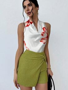 Firerie Blusa elegante, romántica y fashionable para el día a día, adecuada para fiesta, vacaciones, citas románticas y atuendo de boda, cumpleaños, Día de San Valentín - Blusa naranja con estampado floral, tipo halter y tirantes