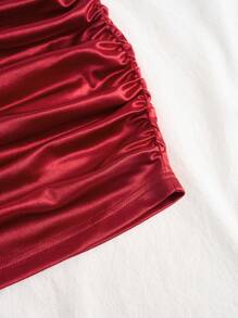 2pcs Set Women's Wine Red Satin Strapless Cropped Top & Ruched Bodycon Skirt - Burgundy - View 5