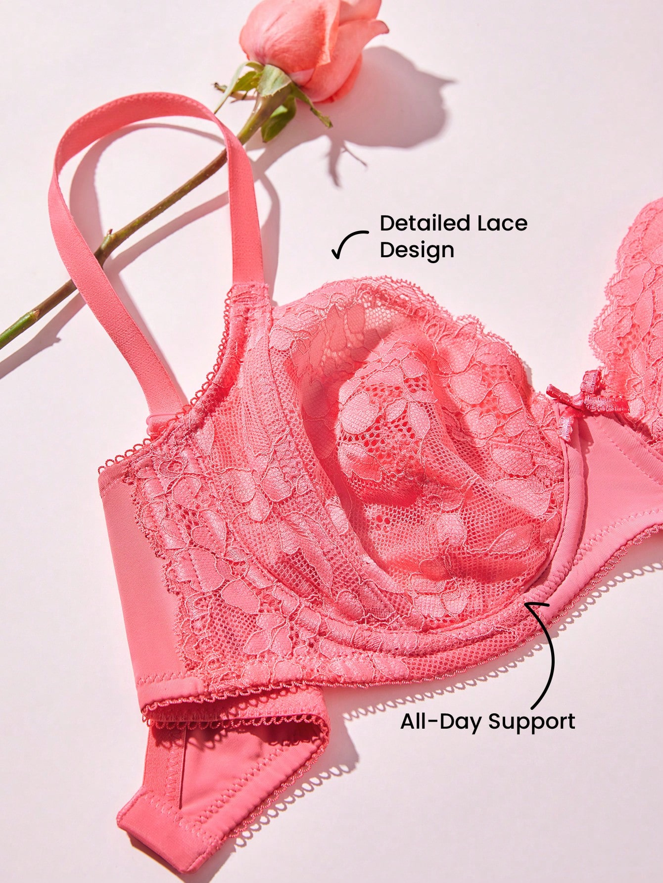 Plus Woman Bielizna o pełnym pokryciu, Lounge Curve Support i oddychające fiszbiny, seksowny, bez podszewki, minimalizujący biustonosz w kolorze różowym z koronką, elegancka bielizna ślubna