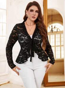 SHEIN Clasi 大码女式纯色荷叶边下摆派对、情人节、日常优雅长袖衬衫，春/夏 - 黑色 - 查看 3