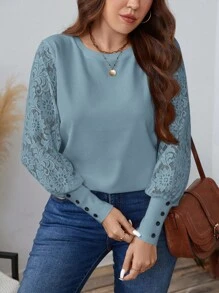 SHEIN LUNE 加大码女式圆领撞色蕾丝长袖优雅衬衫女式上衣商务休闲女式派对亮片节日 - 淺藍色 - 查看 5