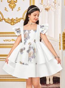 SHEIN Vestido de fiesta para niña preadolescente con jacquard floral, malla, diseño de peplum y volantes en capas, hilos metálicos, elegante, informal para vacaciones, fiesta blanca, vestido de princesa, para fiesta de cumpleaños, festival, Día de San Valentín