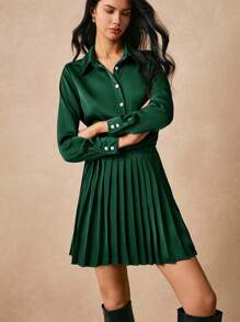 Poéselle Button Front Satin Blouse & Pleated Skirt - Dark Green - View 6