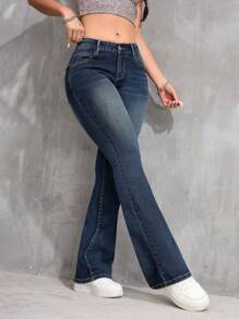 SHEIN PETITE Women's Front Button Pocket Simple Casual Denim Pants, Flared Jeans For Everyday Wear Y2k - Dark Wash - View 6