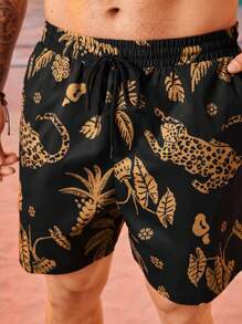 EASEVO Plus Size Men's Loose Casual Black Woven Shorts With Plant & Animal Prints